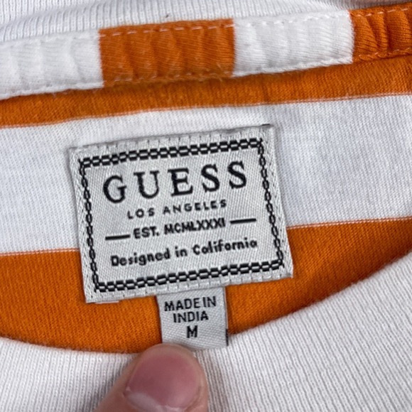 GUESS Shirt Mens Medium Orange White Stripes Streetwear Short Sleeve Embroidered - Picture 5 of 11